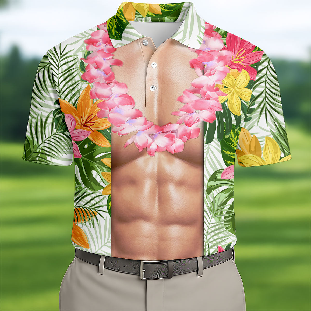 Light Skin Tropical Muscle Chest Hawaiian Golf Polo Shirt, Hawaiian Golf Shirt, Men's Golf Shirt