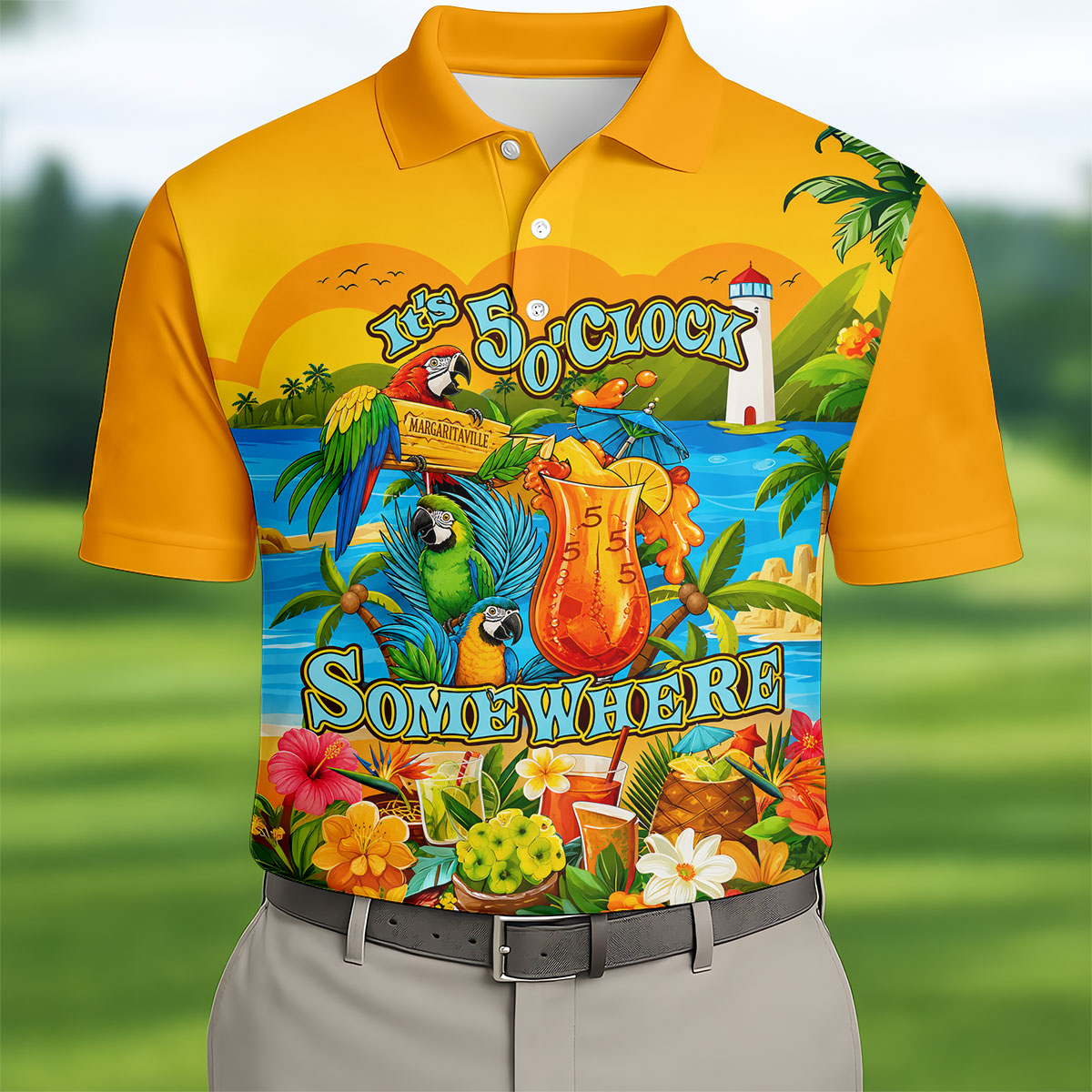 Golden Tropical Parrot Beach Cocktail Golf Polo Shirt, Men's Golf Shirt, Golf Polo Shirts For Men
