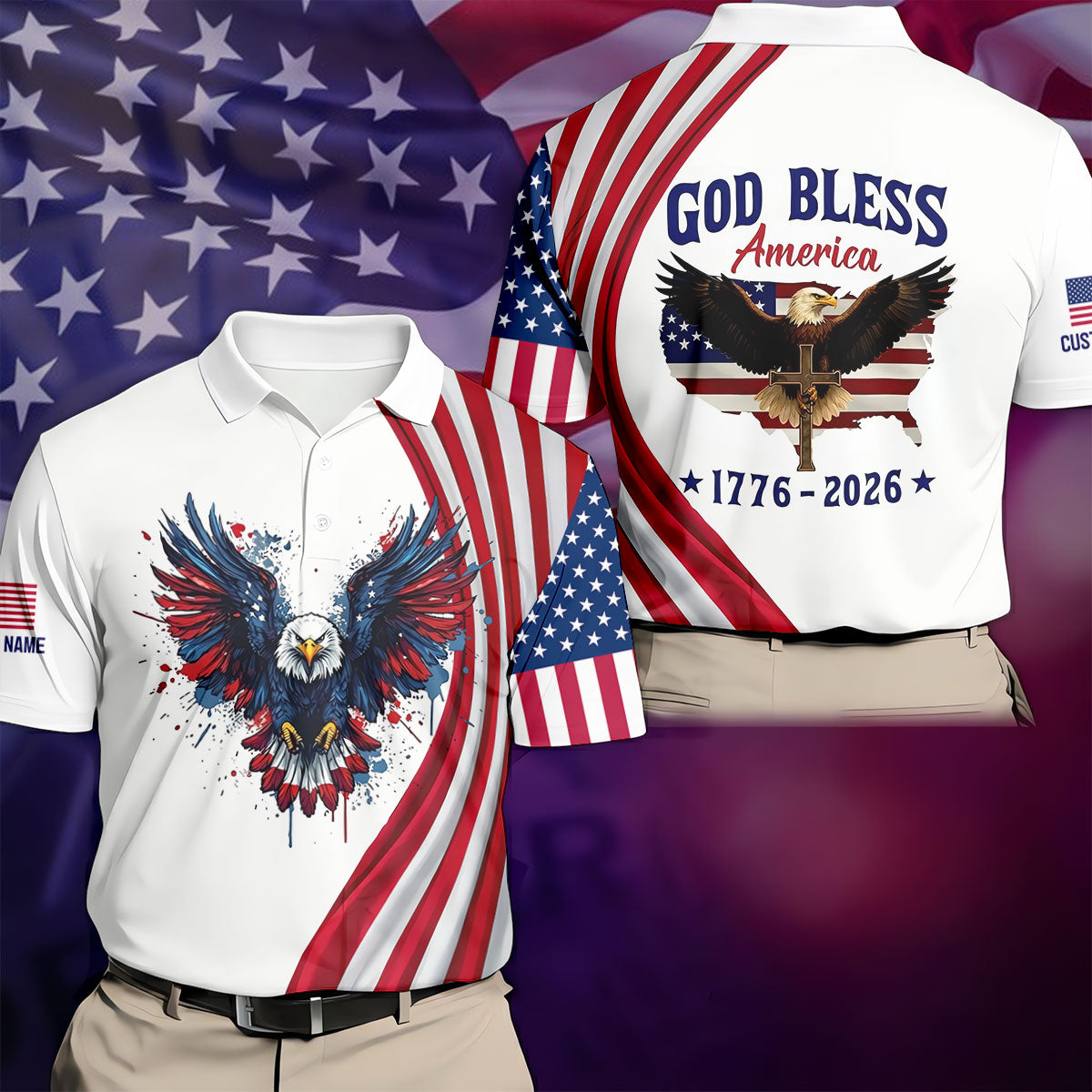God Bless America 250 Years US Flag Golf Shirt, Patriotic 4th Of July Golf Shirts For Men