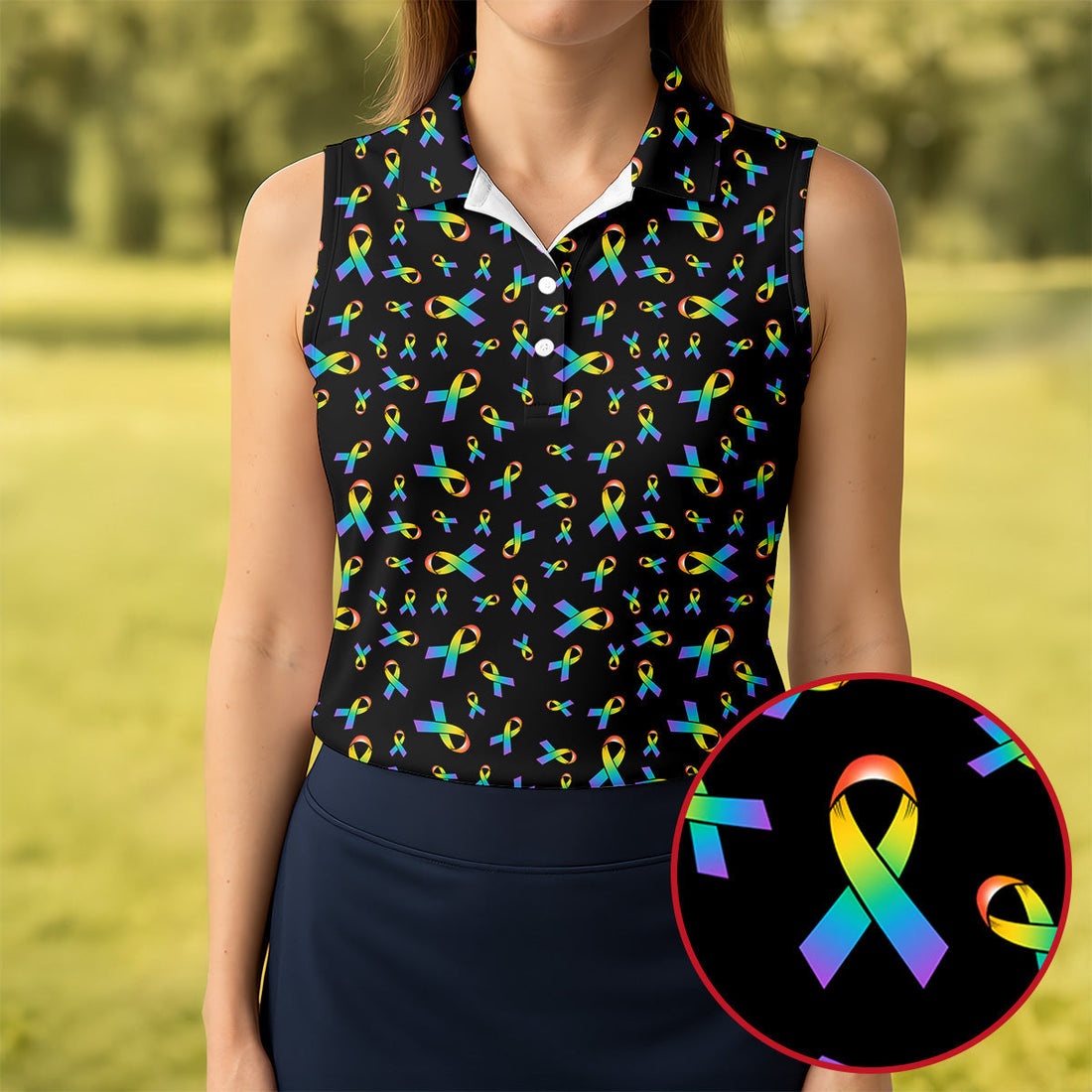 Rainbow Awareness Ribbon Breast Cancer Polo Shirt, Womens Golf Tops, Printed Golf Shirt