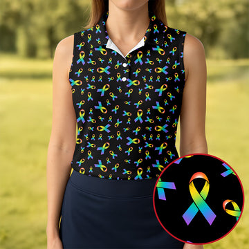 Rainbow Awareness Ribbon Breast Cancer Polo Shirt, Womens Golf Tops, Printed Golf Shirt