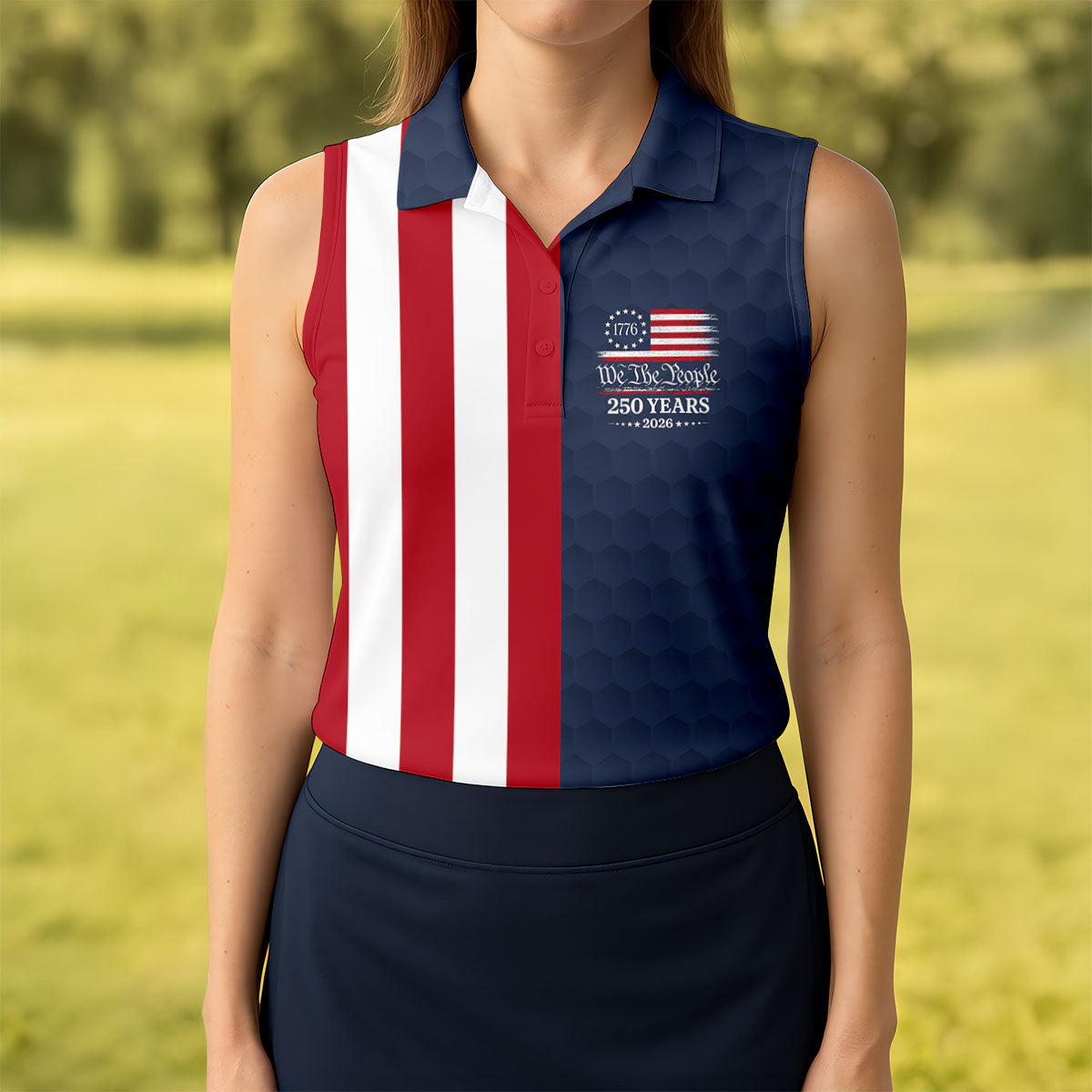 We The People Golf Ball Pattern 250 Years Patriotic 4th Of July US Flag Golf Shirt For Women