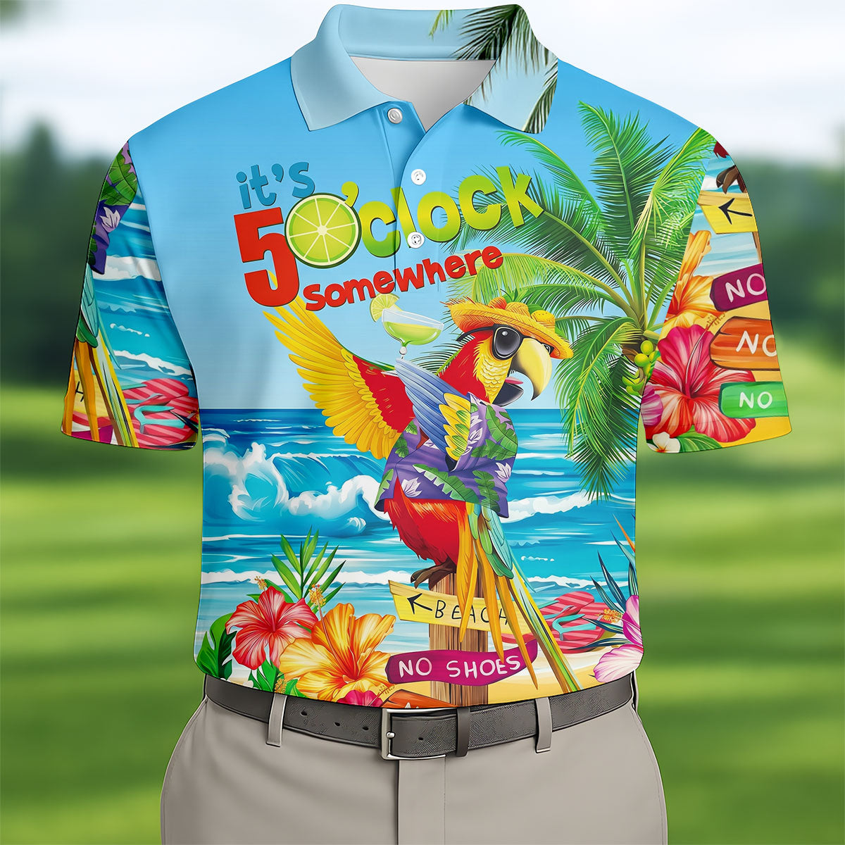 It's 5 O'Clock Somewhere Tropical Parrot Hawaiian Golf Shirt, Men's Funny Golf Shirts