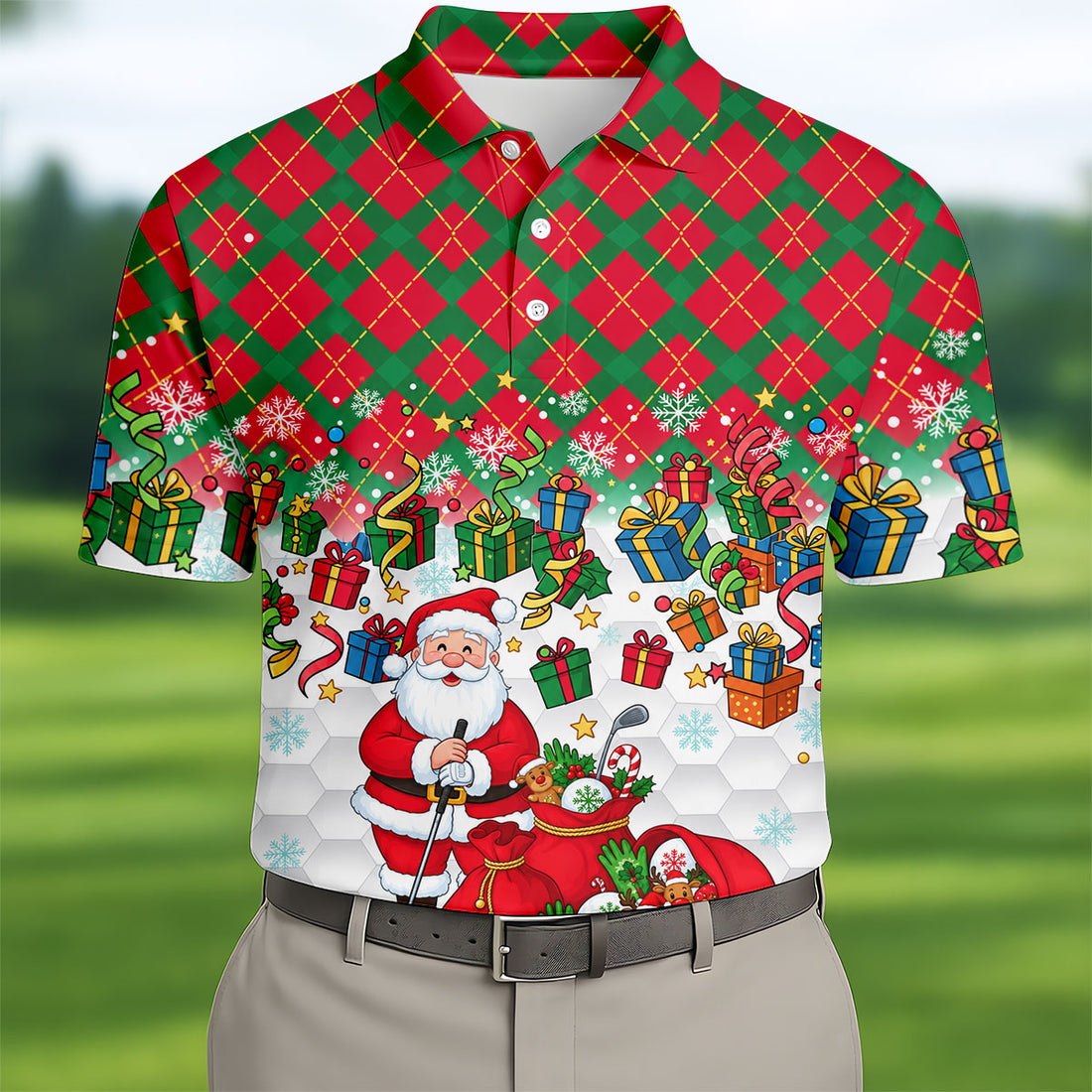 Christmas Santa Golfer and Gifts Polo Shirt, Printed Golf Shirts, Mens Golf Polo