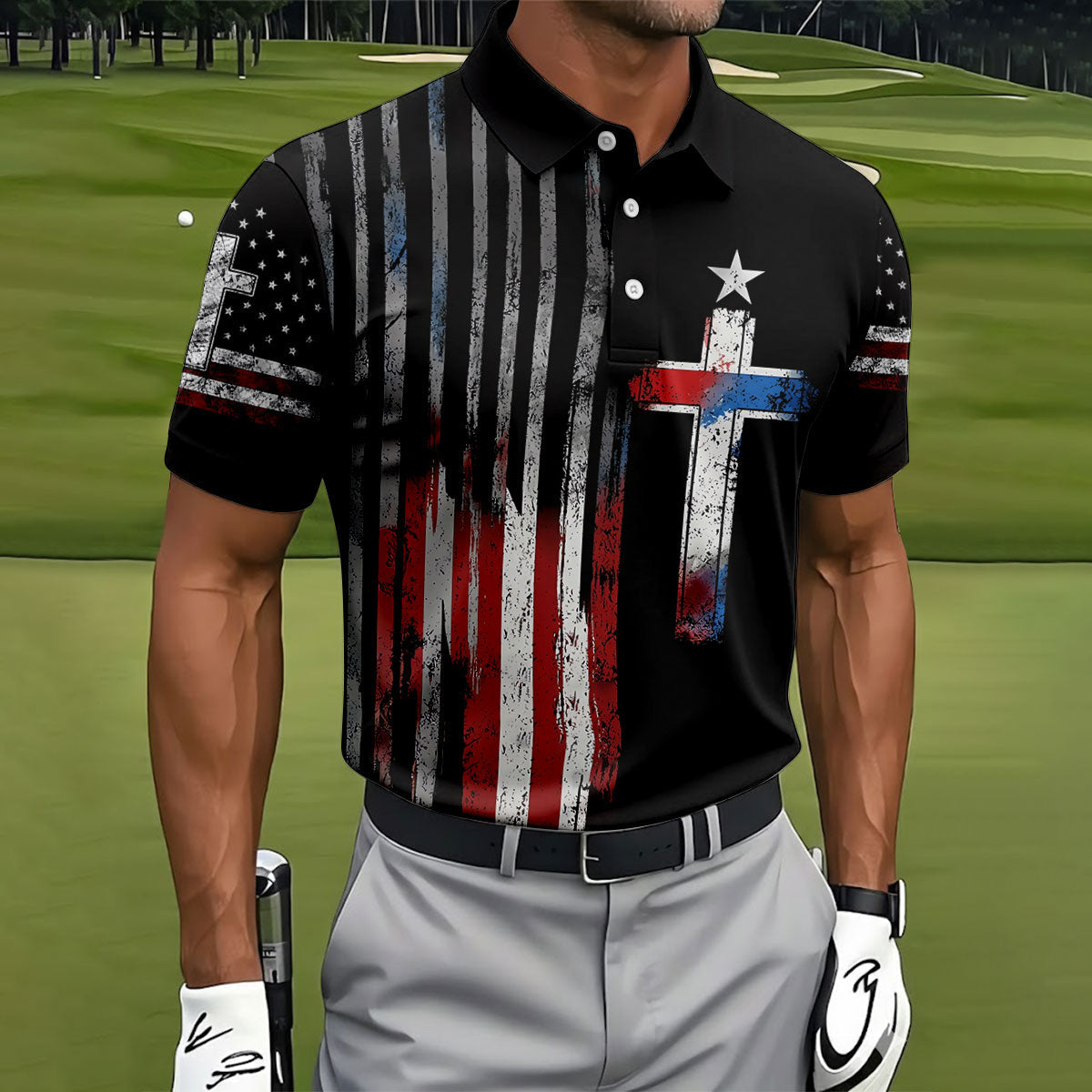 Faith Cross US Flag Golf Shirt, 250 Years Retro Golf Shirt, Patriotic 4th Of July Polo Shirts For Men