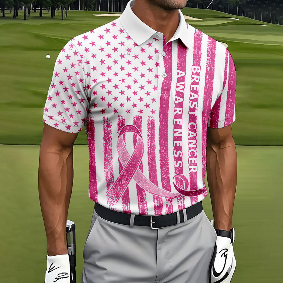 American Flag Breast Cancer Ribbon Polo Shirt, Mens Golf Polo, Printed Golf Shirts