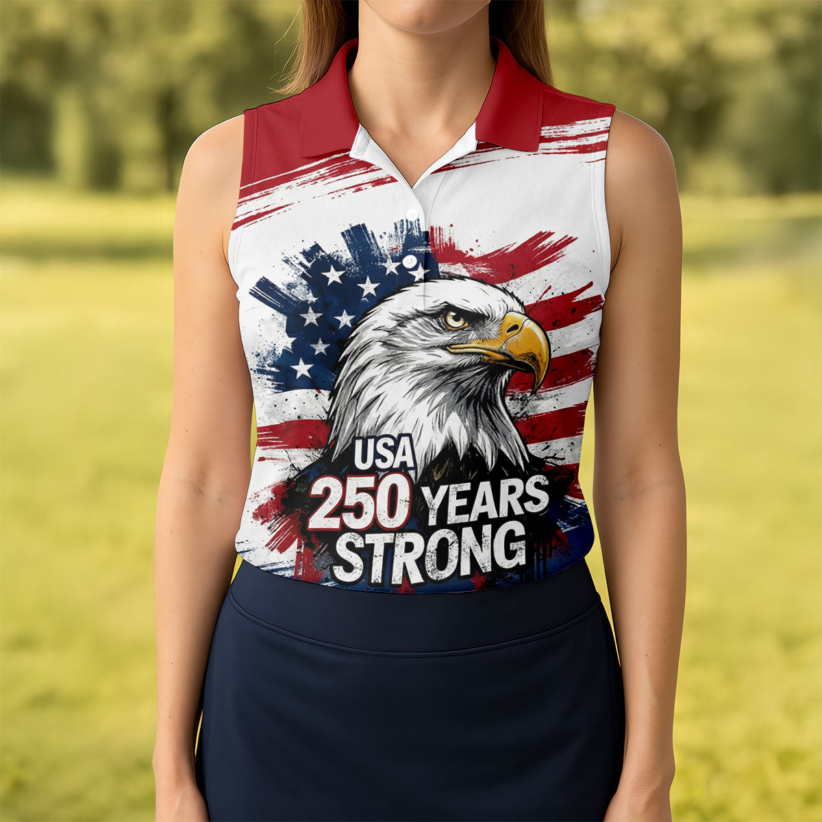 USA 250 Years Strong Bald Eagle American Flag Golf Shirt, Patriotic 4th Of July Golf Shirt For Women