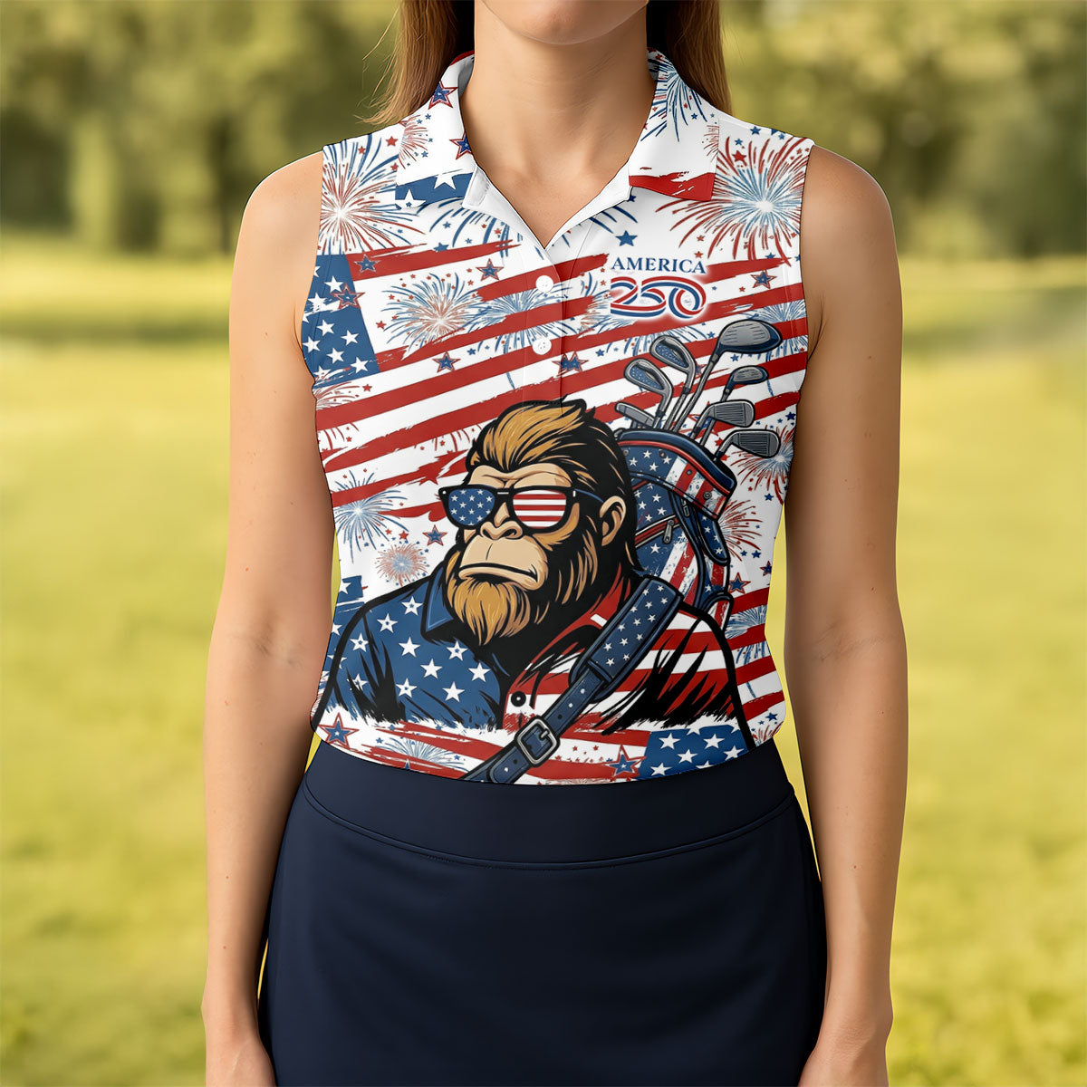 Red White Blue Stars And Stripes 250 Years Bigfoot Golf Shirt, Patriotic 4th Of July Golf Shirt For Women