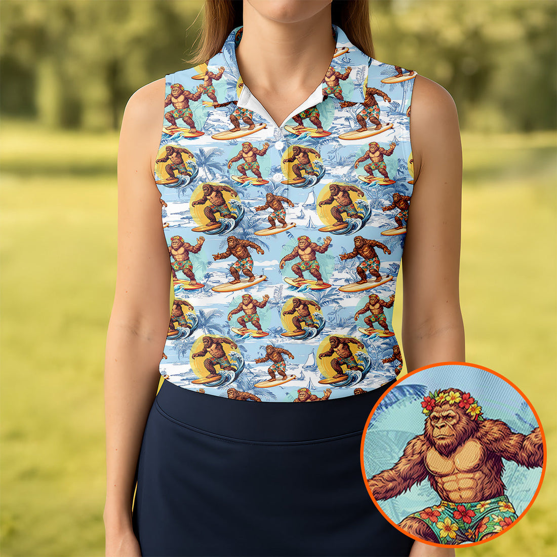 Surfing Bigfoot Hawaiian Golf Shirt, Womens Golf Tops, Golf Polo For Women