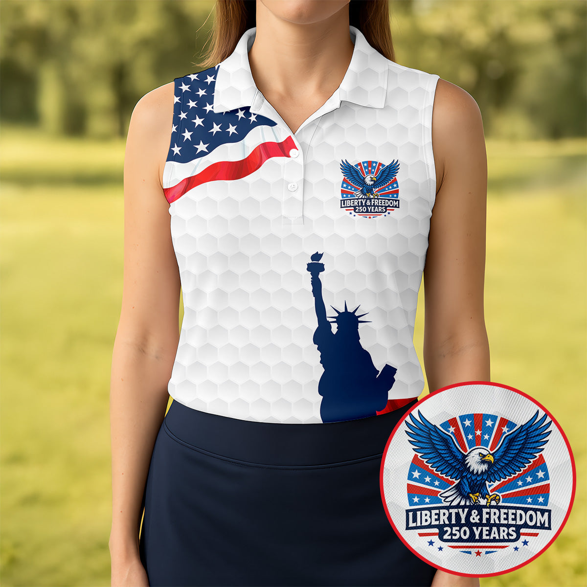 Liberty And Freedom 250 Years Golf Ball Pattern Patriotic Golf Shirt, 4th Of July Golf Shirt For Women