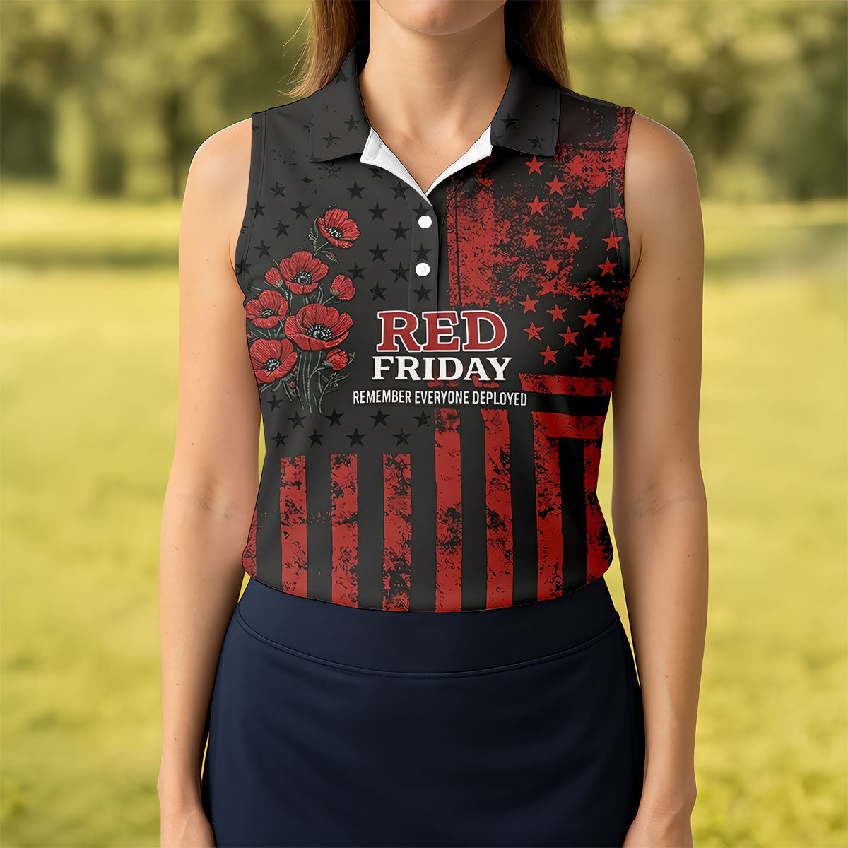 Red Friday American Flag Poppy Polo Shirt, Women’s Golf Apparel, Printed Golf Shirt