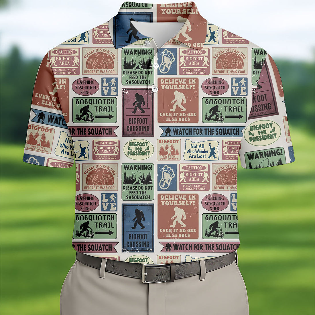 Vintage Bigfoot Warning Sign Polo Shirt, Mens Golf Shirts, Golf Polo Shirts For Men