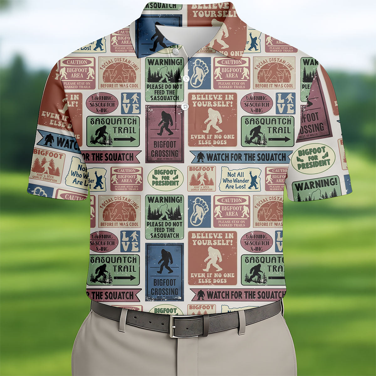 Vintage Bigfoot Warning Sign Polo Shirt, Mens Golf Shirts, Golf Polo Shirts For Men