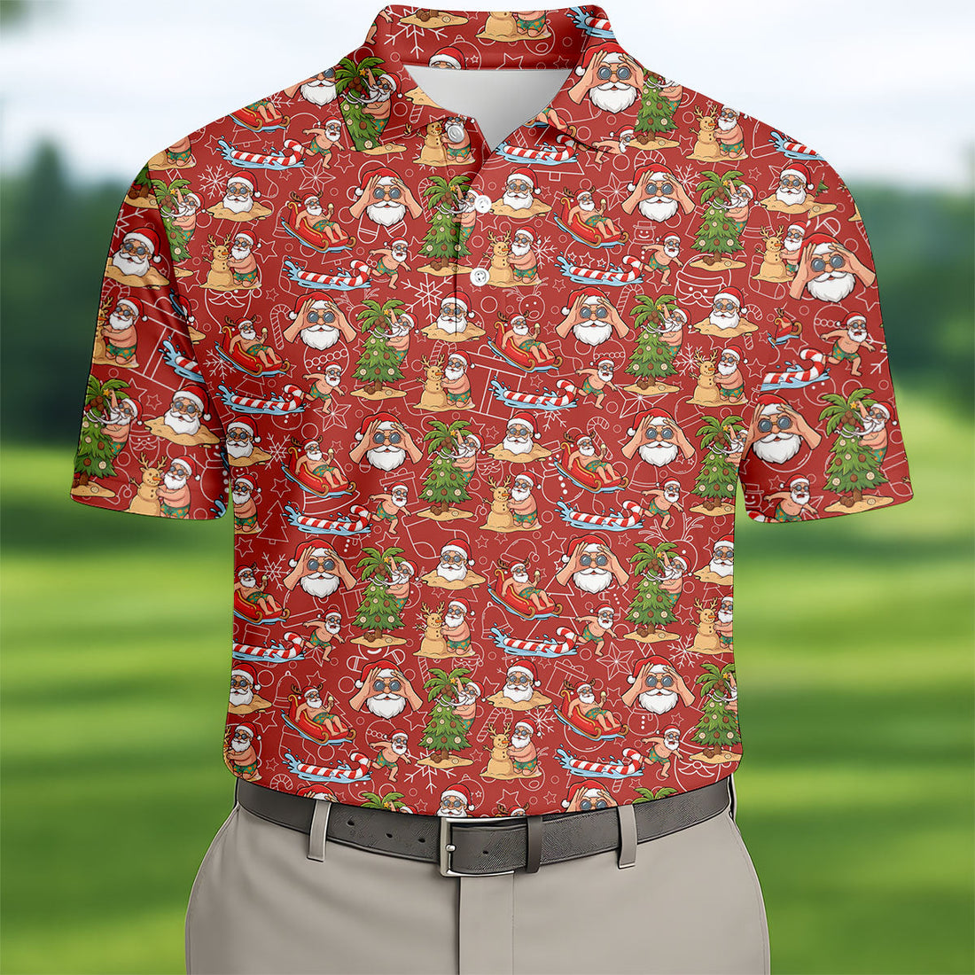 Tropical Santa Summer Christmas Pattern Polo Shirt, Mens Golf Polo, Christmas Shirt