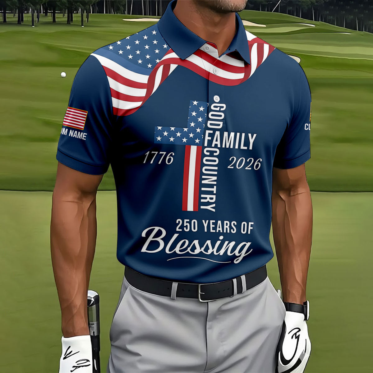 God Family Country Faith Cross 250 Years Of Blessing US Flag Golf Shirt, Golf Shirts For Men