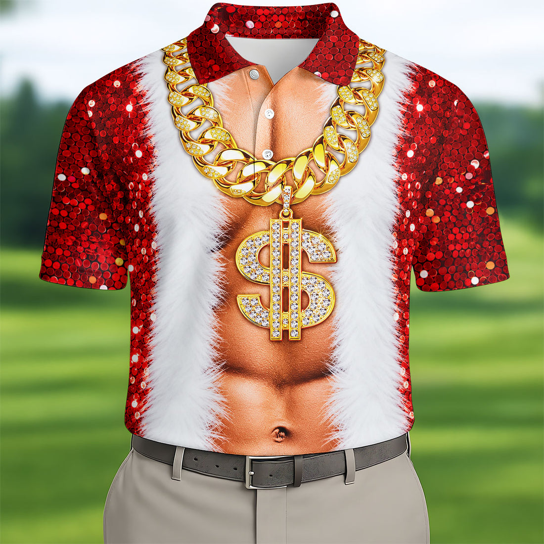 Funny Santa Gold Dollar Chain Golf Polo Shirt, Printed Golf Shirts, Mens Golf Apparel