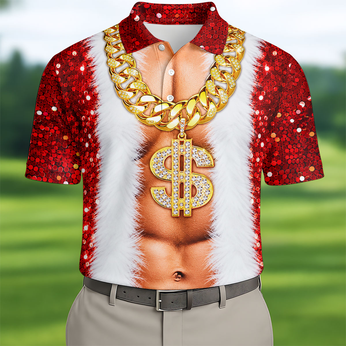 Funny Santa Gold Dollar Chain Golf Polo Shirt, Printed Golf Shirts, Mens Golf Apparel