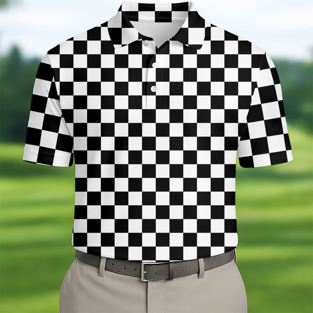 Black White Checkerboard Racing Pattern Golf Shirt, Men's Golf Shirt, Golf Polo Shirts For Men, Printed Golf Shirts