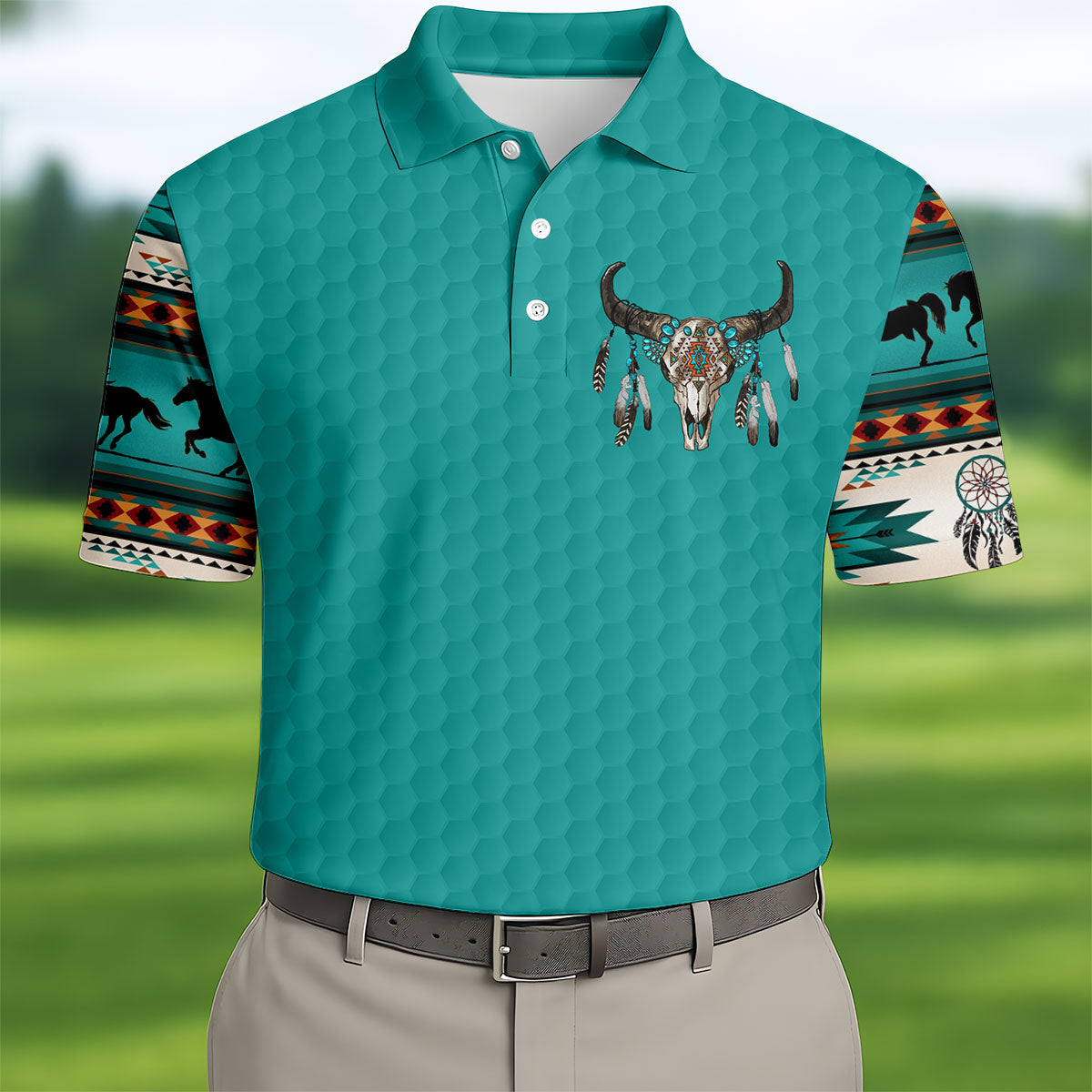 Turquoise Southwestern Bull Skull Golf Polo Shirt, Printed Golf Shirts, Golf Shirts For Men
