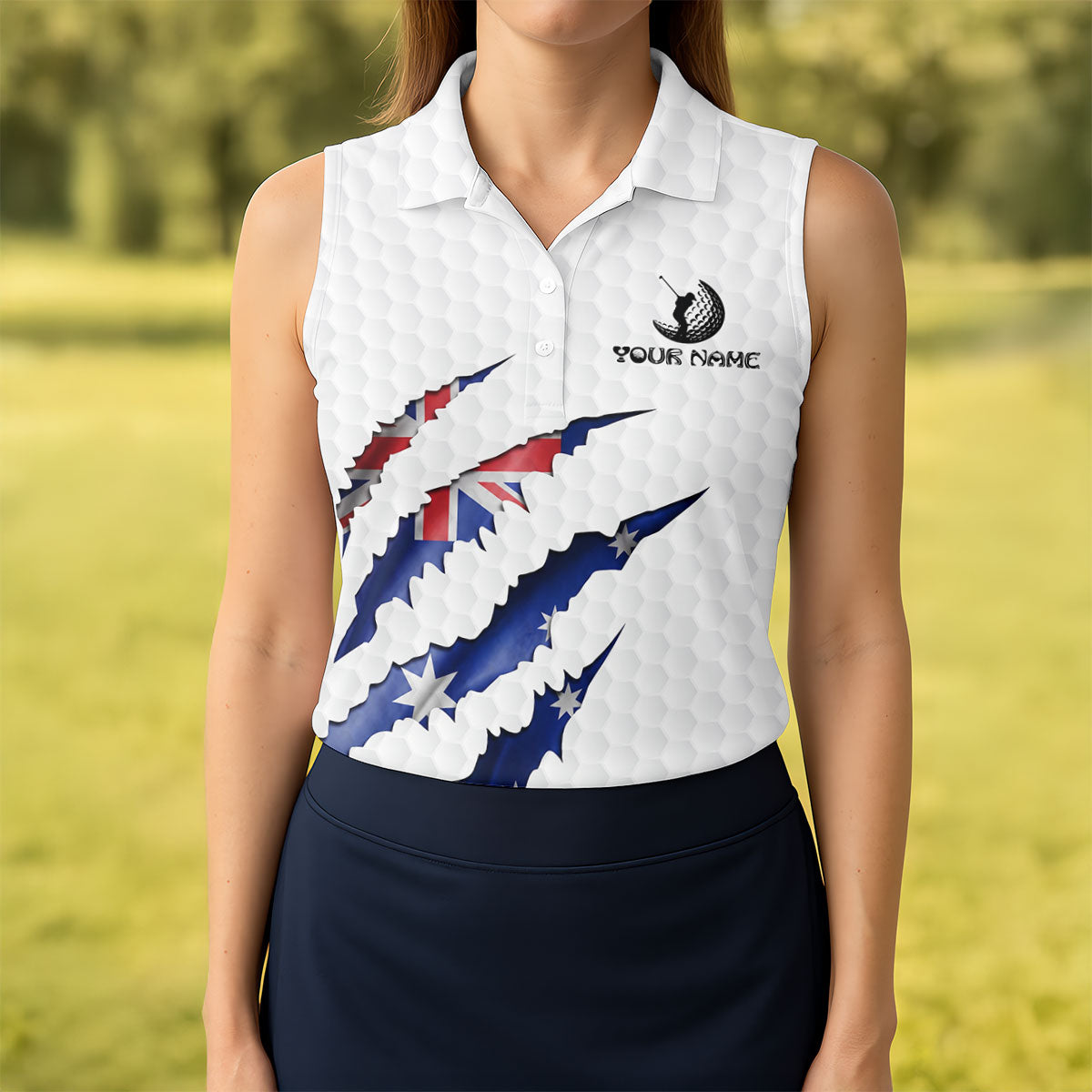 Golf Ball Pattern Australia Flag Print Scratch Effect Ladies Golf Tops, Golf Shirt For Women