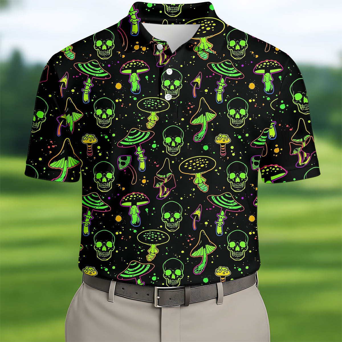 Mushroom And Skull Neon Pattern Hawaiian Golf Shirt, Men's Funny Golf Shirts