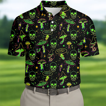 Mushroom And Skull Neon Pattern Hawaiian Golf Shirt, Men's Funny Golf Shirts
