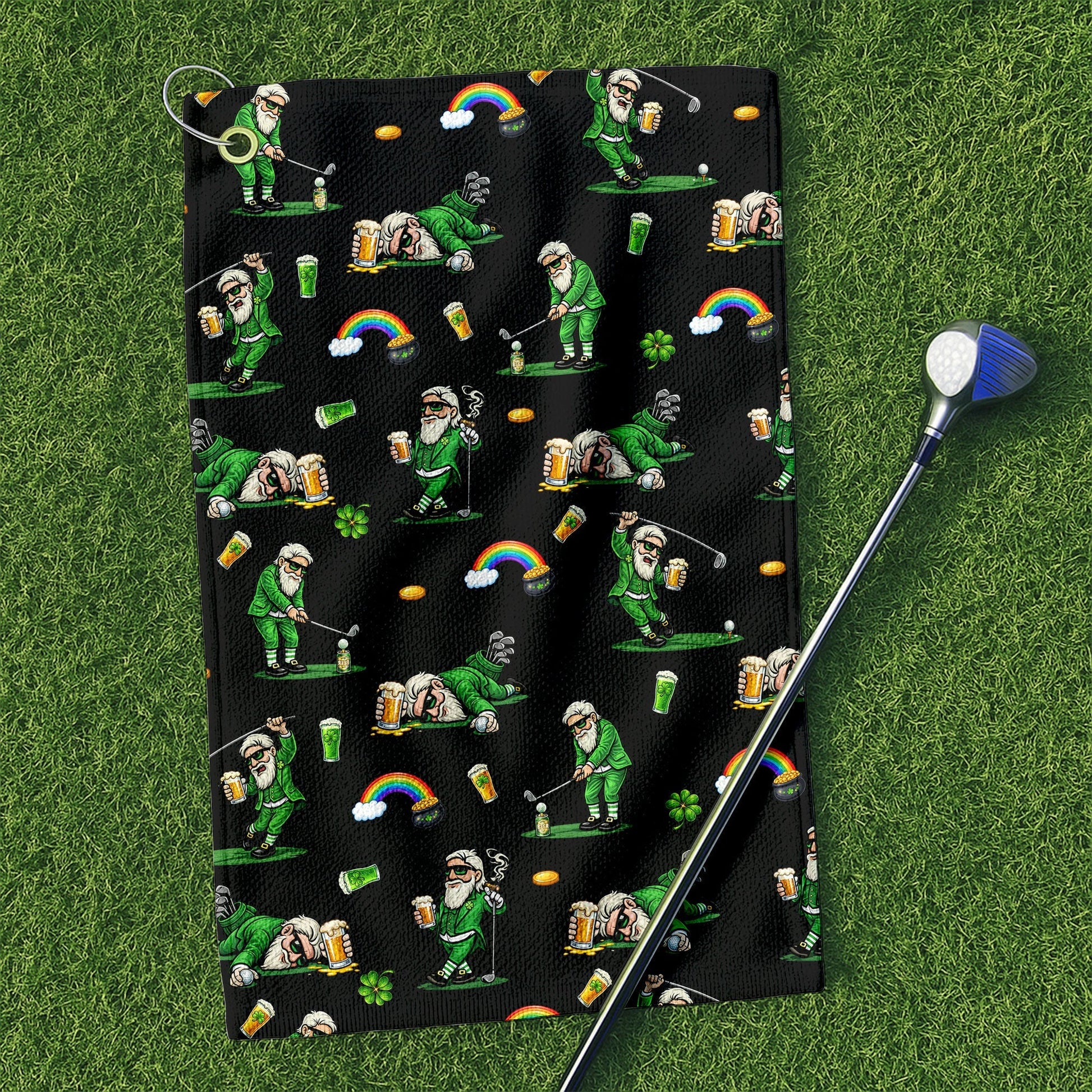 Black St. Patrick’s Day Leprechaun Golf Towel, Funny Golf Gift, Golf Accessories