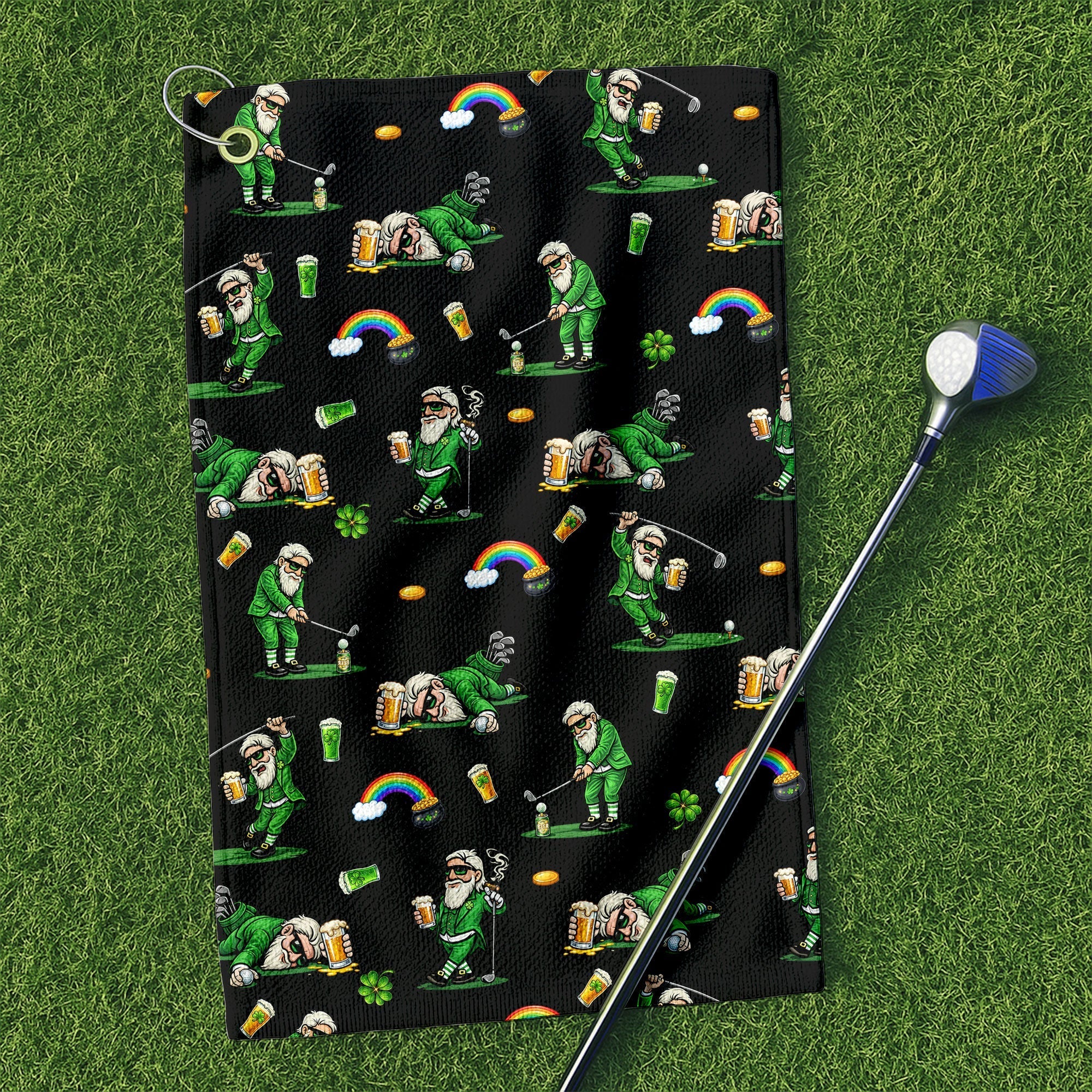 Black St. Patrick’s Day Leprechaun Golf Towel, Funny Golf Gift, Golf Accessories