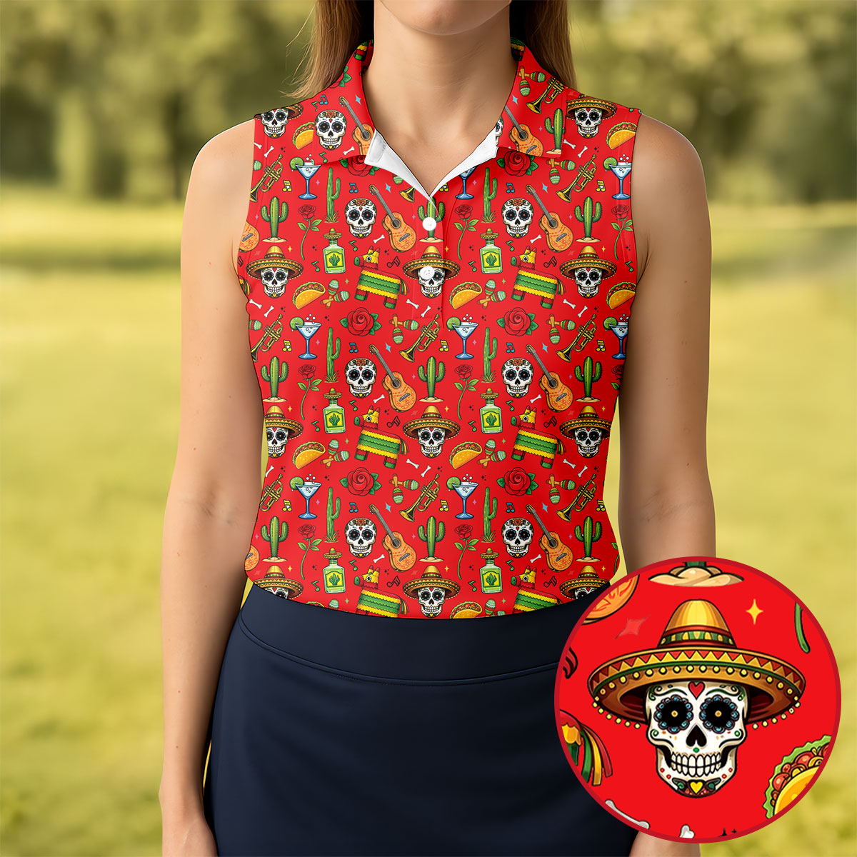 Decorated Skulls Party Items Cinco De Mayo Celebration Fiesta Themed Red Golf Shirt For Women