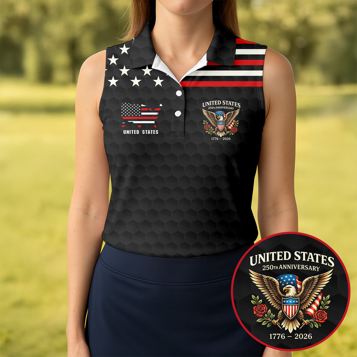 250th Anniversary Bald Eagle And Roses Black Golf Shirt, Patriotic 4th Of July Golf Shirt For Women