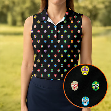 Colorful Retro Mask Print Golf Polo Shirt, Golf Shirts For Women, Women’s Golf Apparel