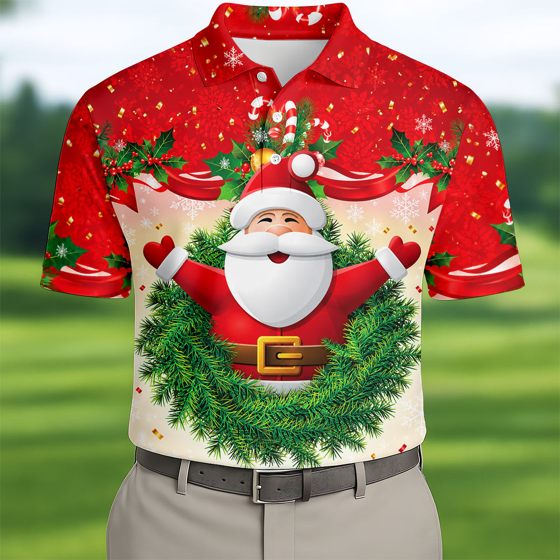 Festive Christmas Santa Wreath Golf Polo Shirt, Mens Golf Polo, Golf Shirts For Men