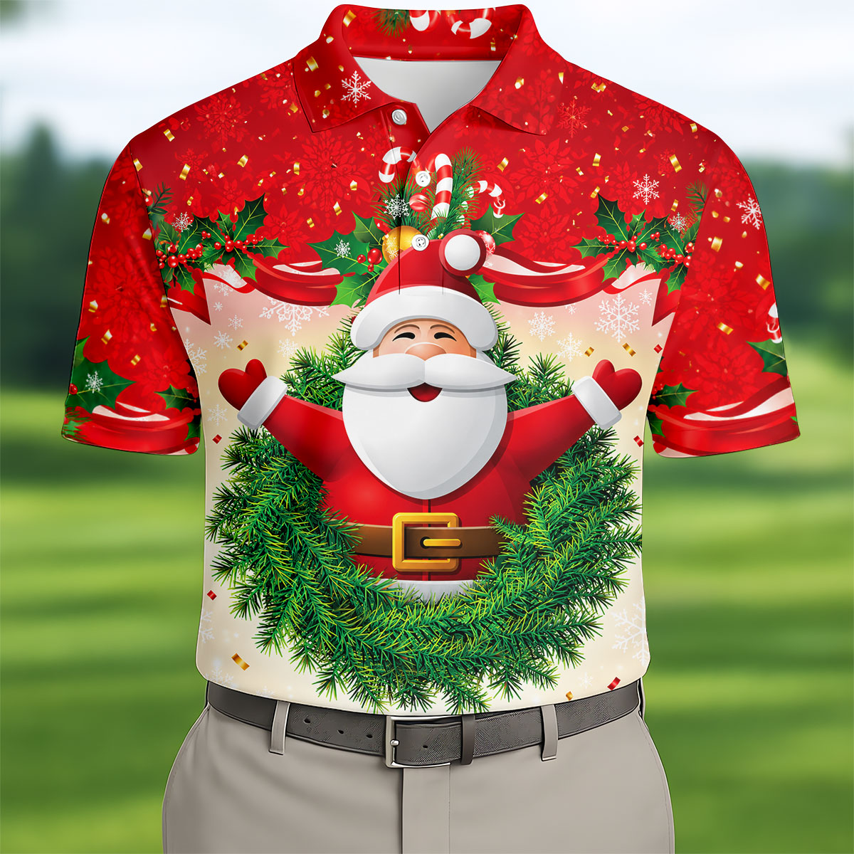 Festive Christmas Santa Wreath Golf Polo Shirt, Mens Golf Polo, Golf Shirts For Men