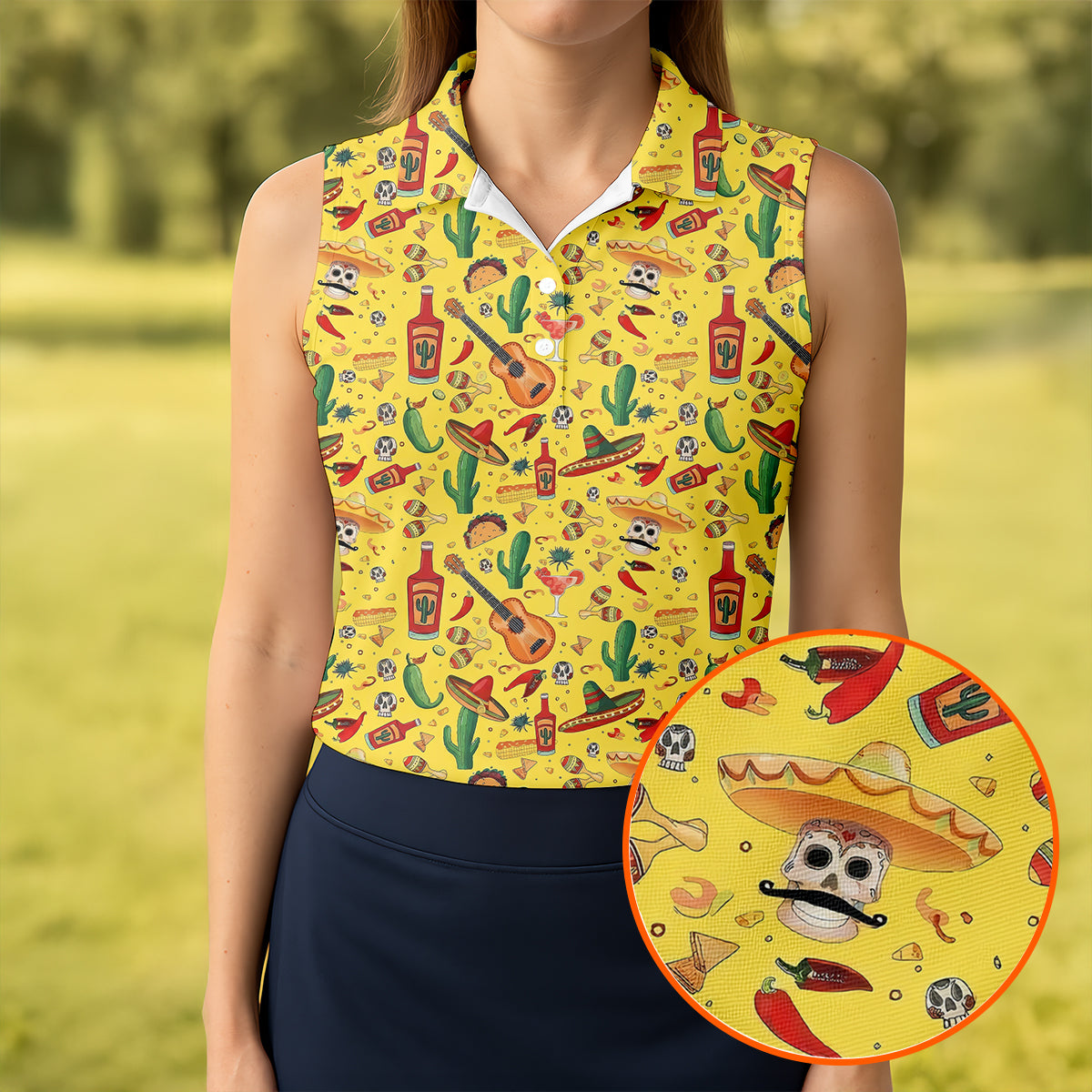 Skulls With Sombreros Funny Cinco De Mayo Fiesta Themed Ladies Golf Tops, Golf Shirt For Women