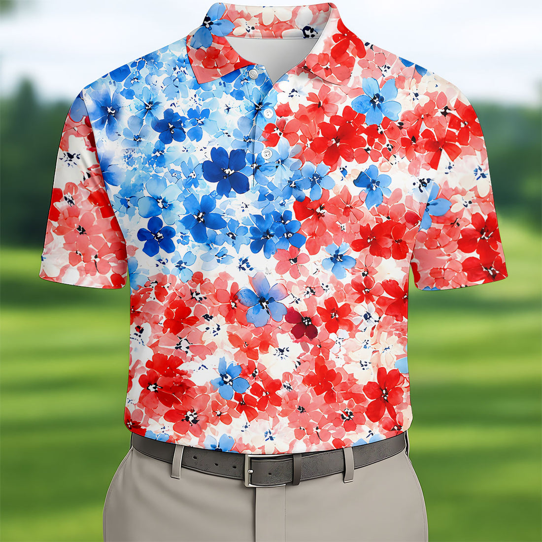 Patriotic Floral Golf Shirt, Red White Blue Blossom Pattern, Golf Shirt For Men