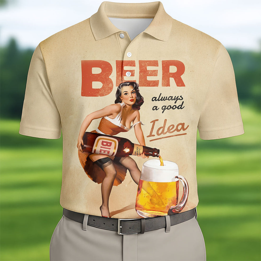 Vintage Beer Pin-Up Girl Design Hawaiian Golf Shirt, Golf Shirts For Men, Polo Shirts For Men