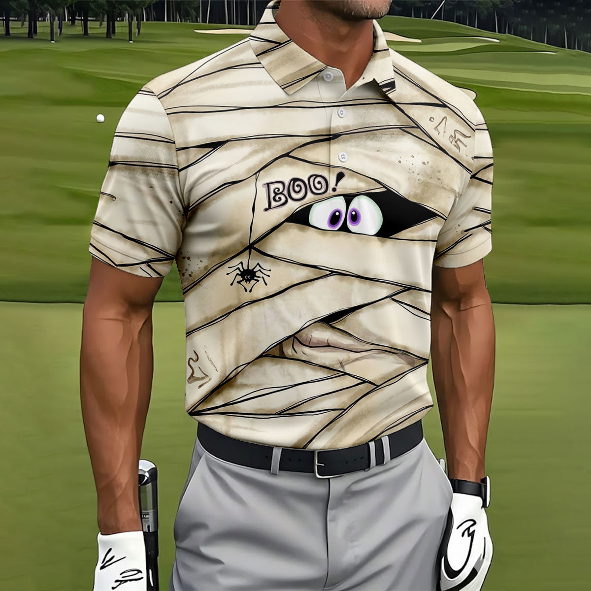 Cute Mummy Peeking Eyes BOO Halloween Golf Polo Shirt, Mens Golf Polo, Hawaiian Golf Shirt