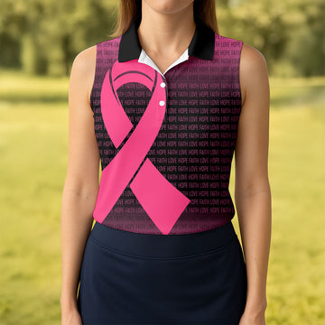 Faith Love Hope Pink Ribbon Breast Cancer Polo Shirt, Ladies Golf Tops, Women’s Golf Polo