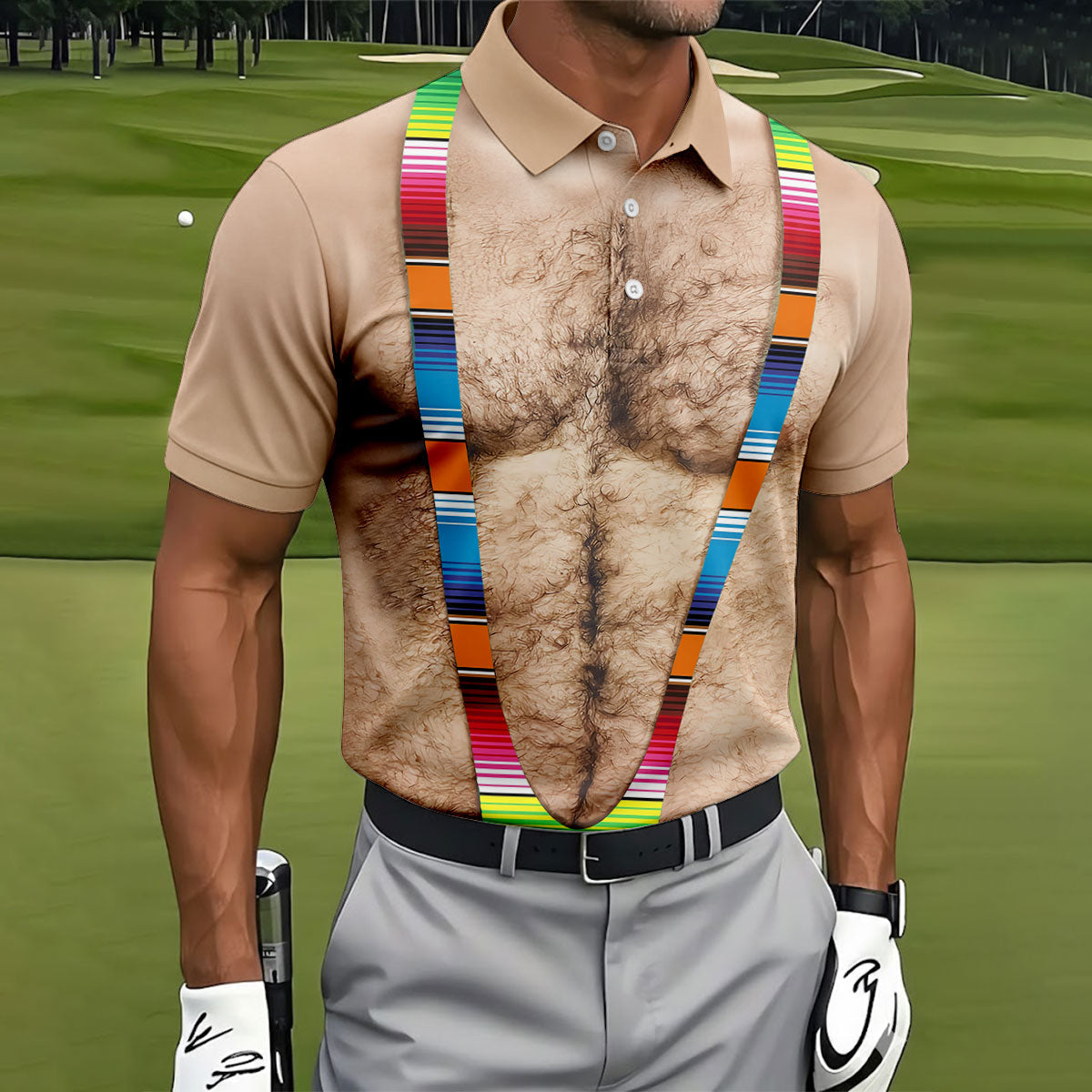 Hairy Body Serape Pattern Funny Cinco De Mayo Golf Tops For Men, Golf Shirts For Men