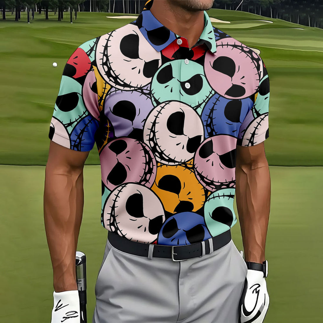 Colorful Cartoon Skull Halloween Golf Polo Shirt, Polo Shirts For Men, Printed Golf Shirts