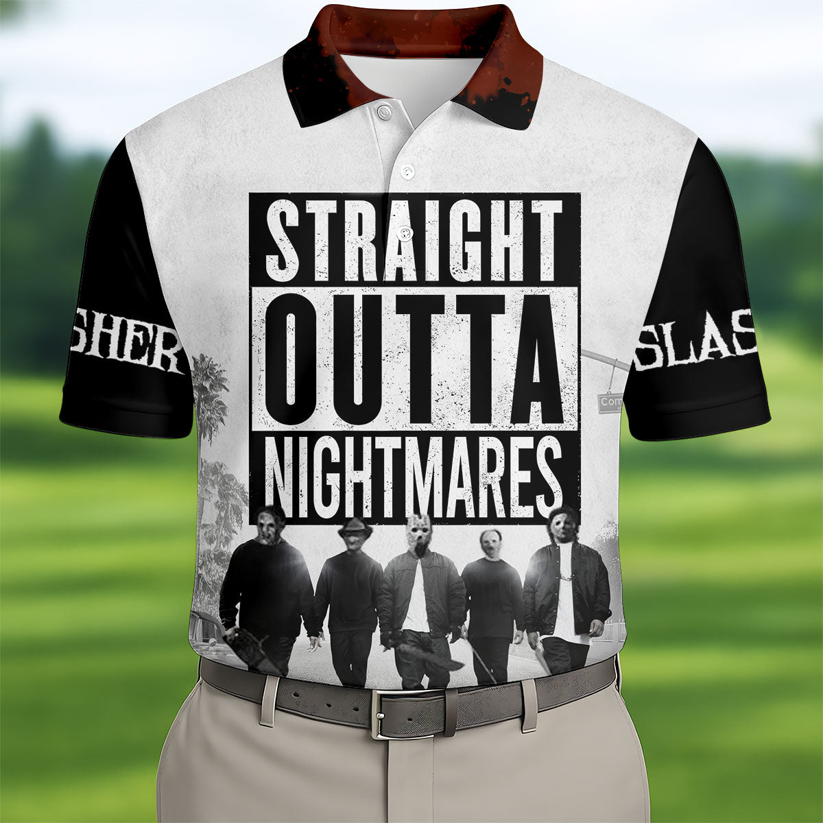 Straight Outta Nightmares Horror Character Golf Polo Shirt, Mens Golf Shirts, Hawaiian Golf Shirt