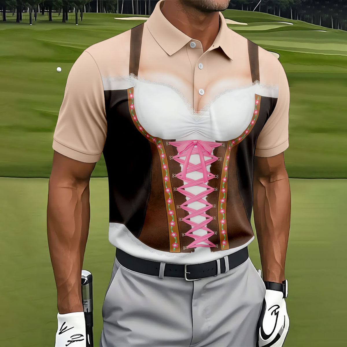 Funny Oktoberfest Dirndl Costume Polo Shirt, Mens Golf Apparel, Mens Golf Polo