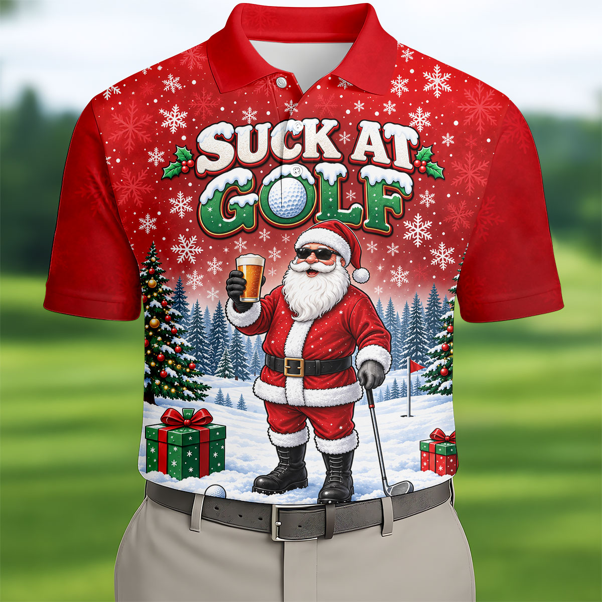 Suck At Golf Santa Beer Christmas Golf Shirt, Ladies Golf Shirts, Golf Tops For Women
