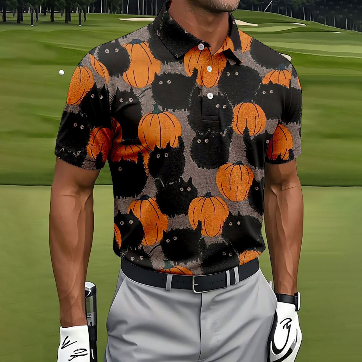 Black Cat Pumpkin Halloween Golf Polo Shirt, Mens Golf Apparel, Golf Shirts For Men