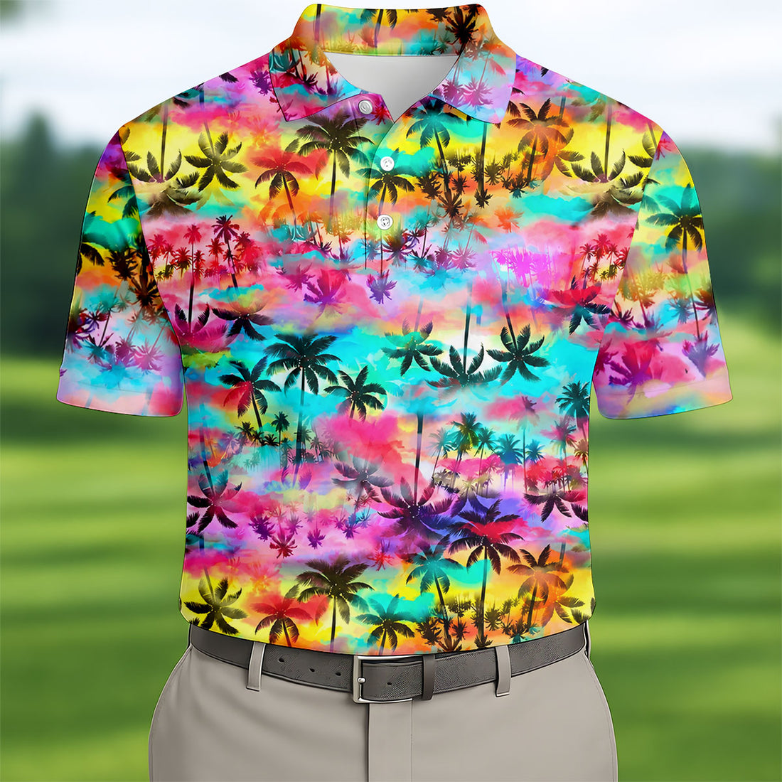 Watercolor Tropical Palm Golf Shirt, Colorful Sunset Hawaiian Polo, Polo Shirts For Men