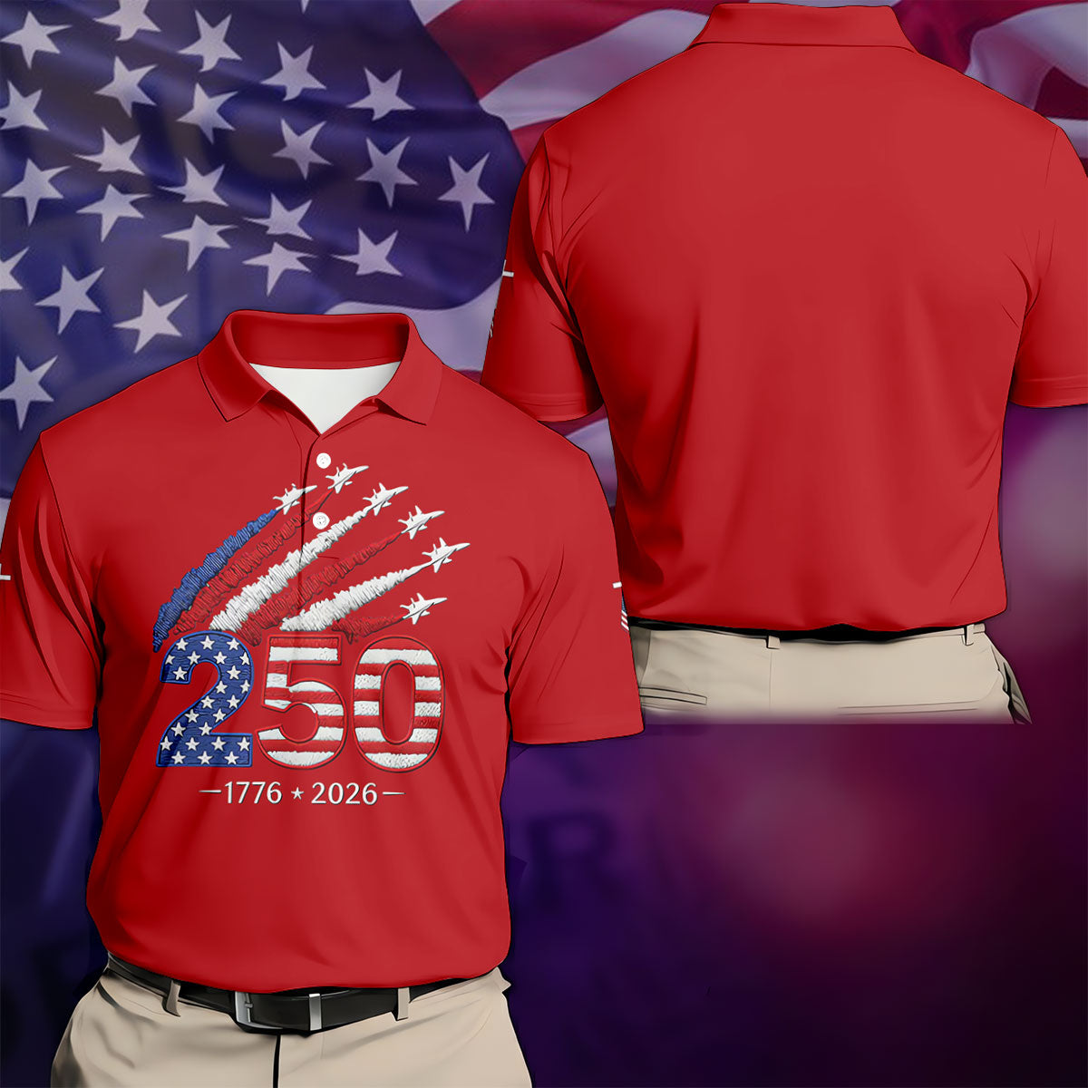 Flying Fighter Jets Faith Cross Patriotic 4th Of July Red Golf Shirt, 250 Years Golf Shirts For Men