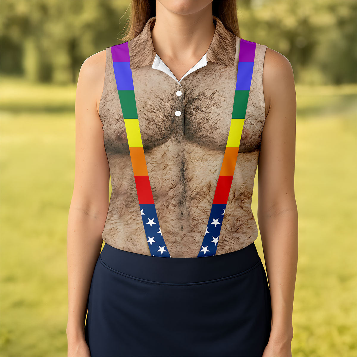 Funny Hairy Chest Rainbow Suspenders Golf Polo, Golf Shirts For Women, Women's Golf Apparel