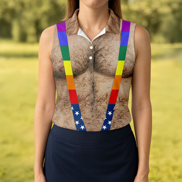 Funny Hairy Chest Rainbow Suspenders Golf Polo, Golf Shirts For Women, Women's Golf Apparel