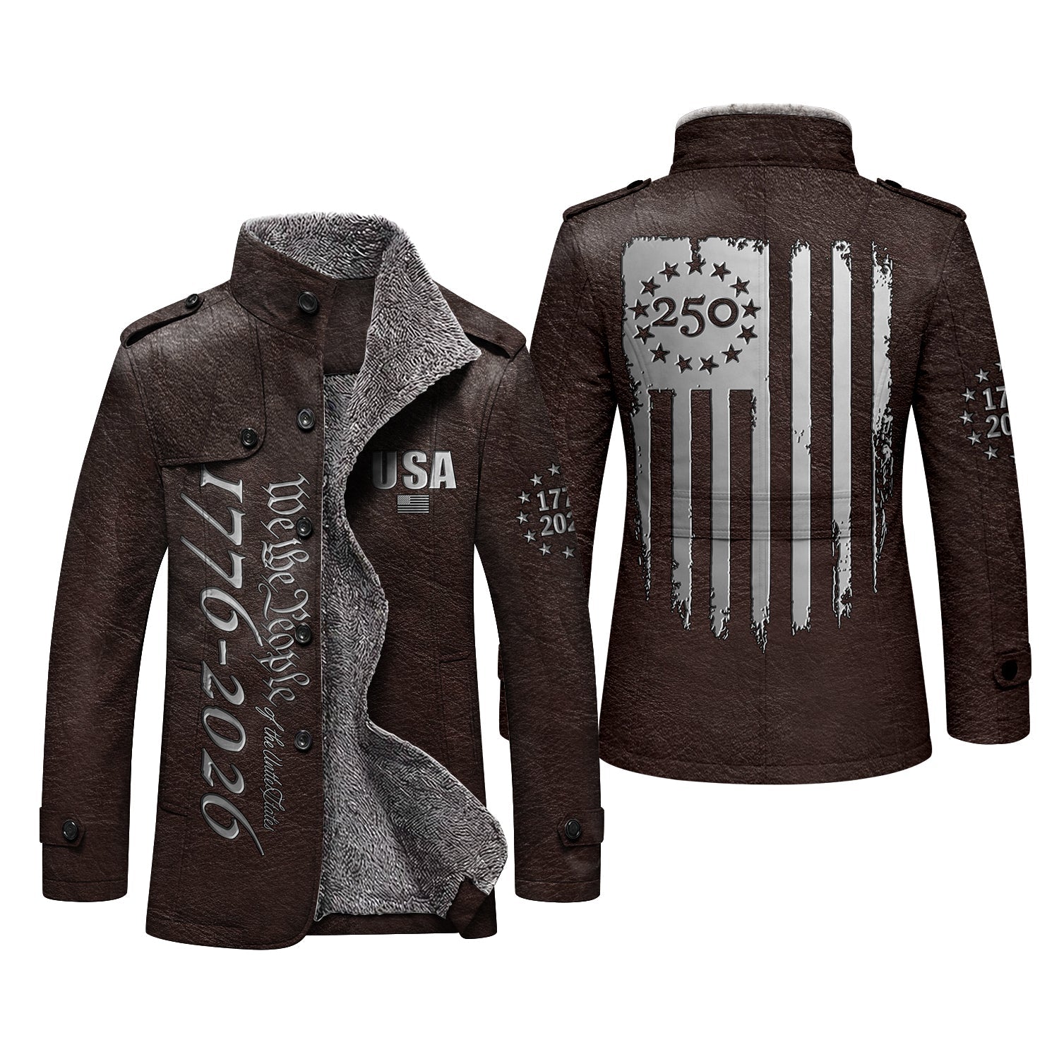 We The People 250 Years Silver Flag Men's Cold Premium Weather Jacket, Leather Trench Coat