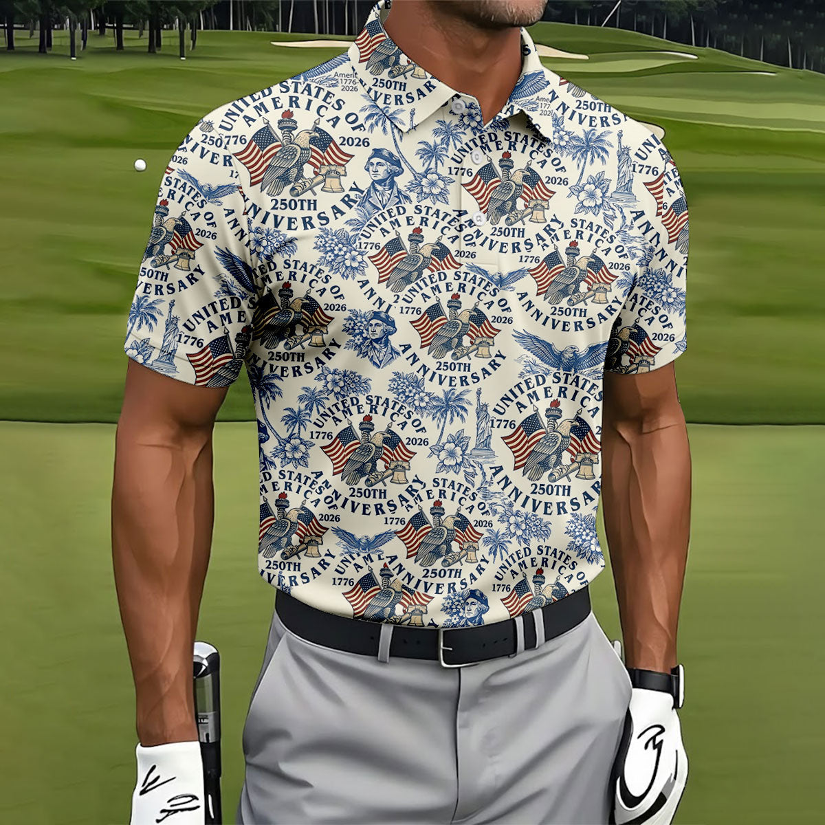 USA 250th Anniversary Toile De Jouy Hawaiian Golf Shirt, Patriotic 4th Of July Golf Shirts For Men